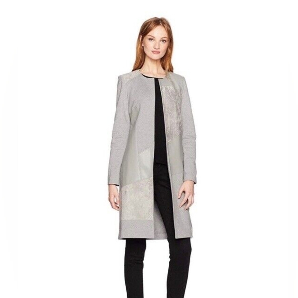 Calvin Klein Sz 14 Blush Suede, Leather, Knit Open Long Jacket Patchwork NWT - Picture 12 of 12